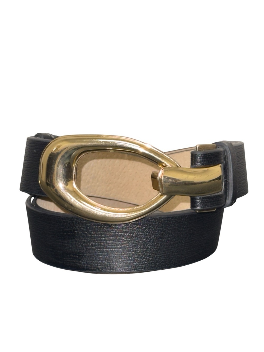 Chico’s Black Genuine Leather Belt M/L Adjustable Gold Statement Buckle